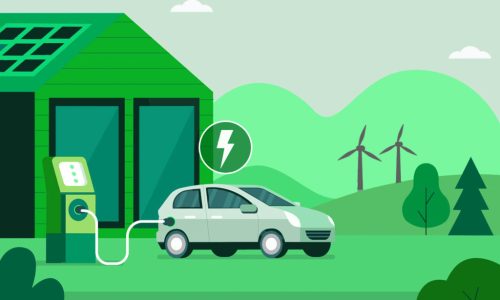 Charging Electric Car Battery at Electric Recharge Station. Modern Hybrid Auto. New Alternative Energy Vehicle. Futuristic Transport, Green Energy, Eco City Concept. Flat Cartoon Vector Illustration.